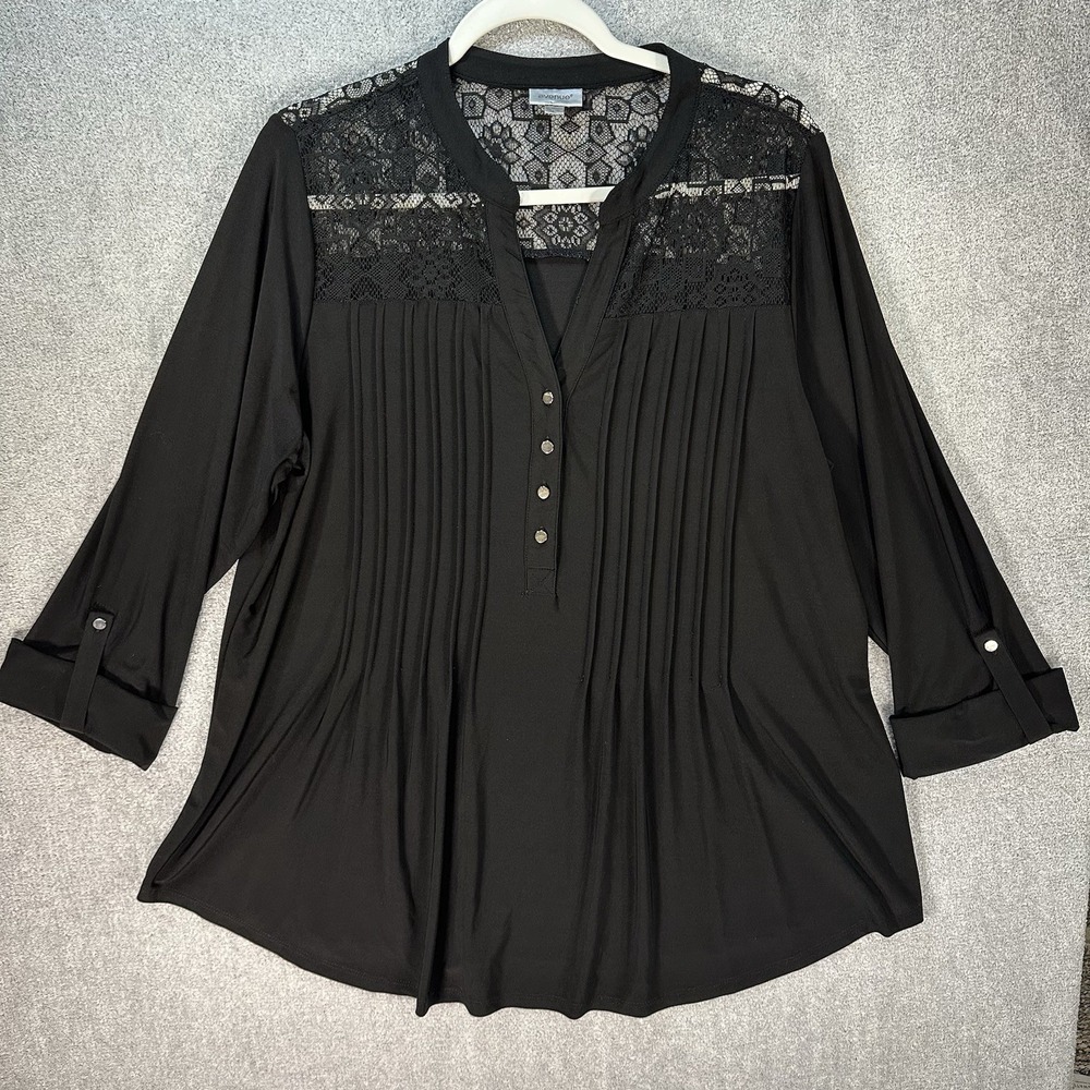 Avenue Woman Size 14/16 Black Pleated Tunic Blouse Lace Button Detail
